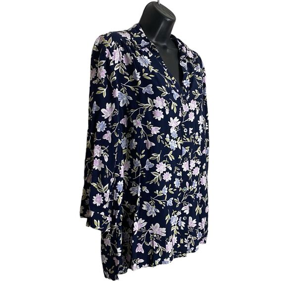 J Jill Top Womens Medium Floral Button Up Shirt Tunic 3/4 Sleeve High Low V-Neck - Picture 2 of 9